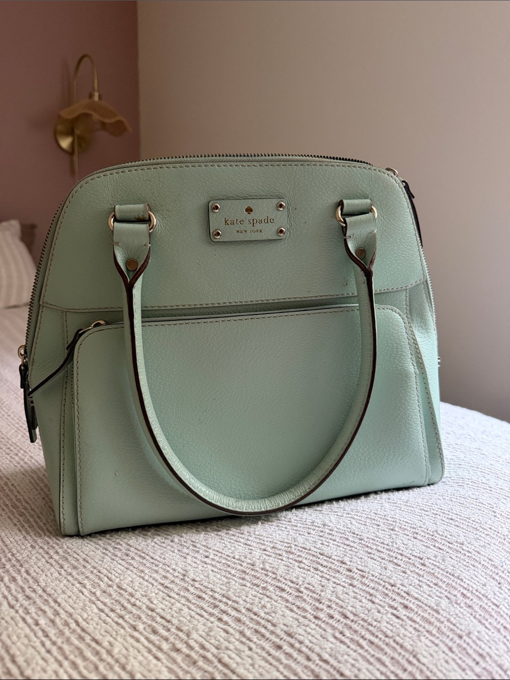 kate spade mint green leather satchel with gold-tone plate